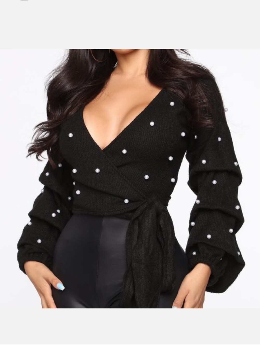 Fashion Nova Sassy But Classy Black Wrap Sweater with Pearl Embellishments